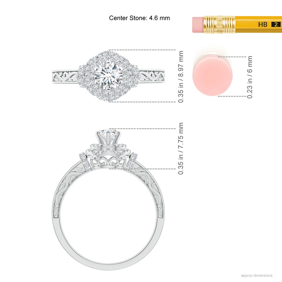 4.6mm GVS2 Victorian Carved Double Halo Diamond Collar Engagement Ring in White Gold ruler