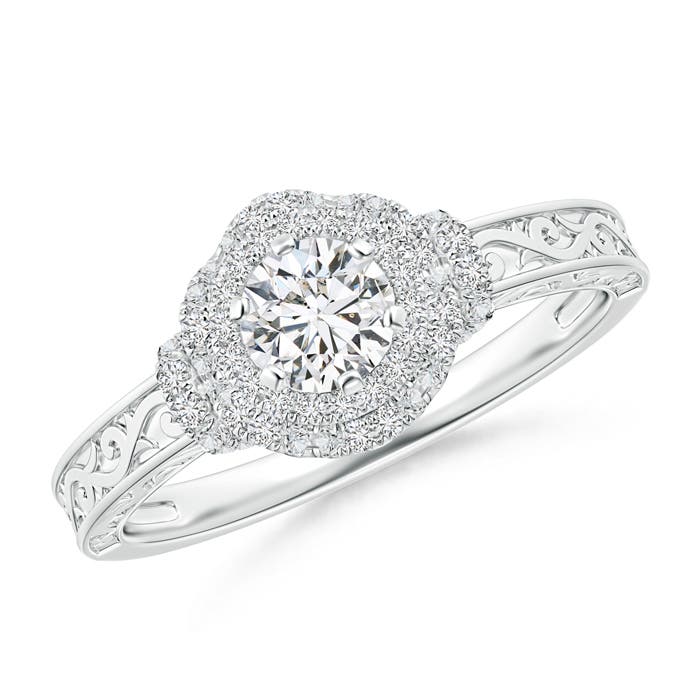 4.6mm HSI2 Victorian Carved Double Halo Diamond Collar Engagement Ring in 18K White Gold