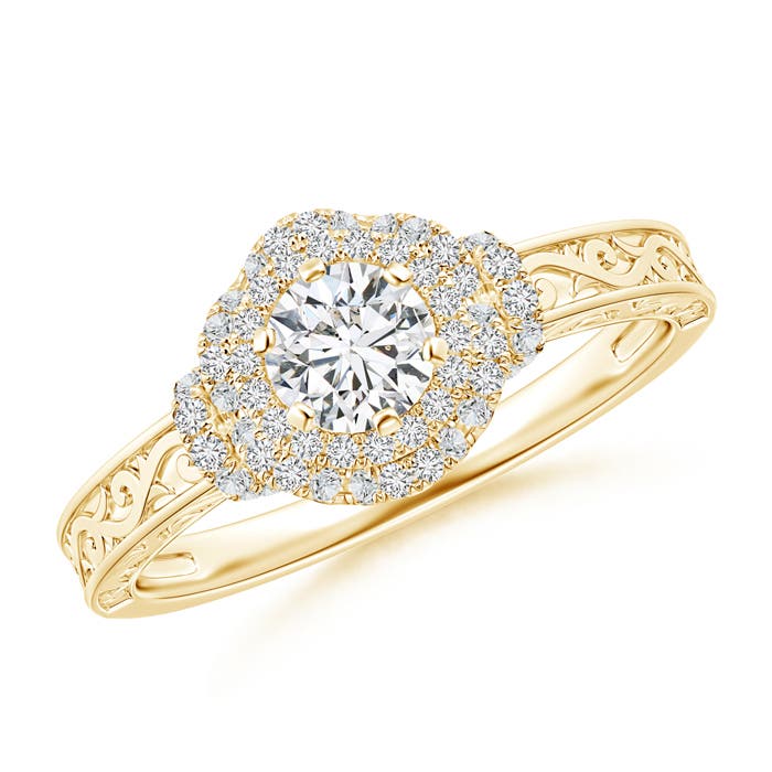 4.6mm HSI2 Victorian Carved Double Halo Diamond Collar Engagement Ring in 18K Yellow Gold
