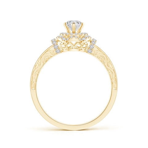 4.6mm HSI2 Victorian Carved Double Halo Diamond Collar Engagement Ring in 18K Yellow Gold