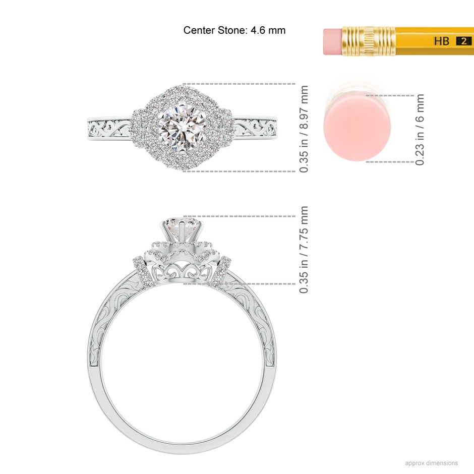 4.6mm IJI1I2 Victorian Carved Double Halo Diamond Collar Engagement Ring in White Gold ruler