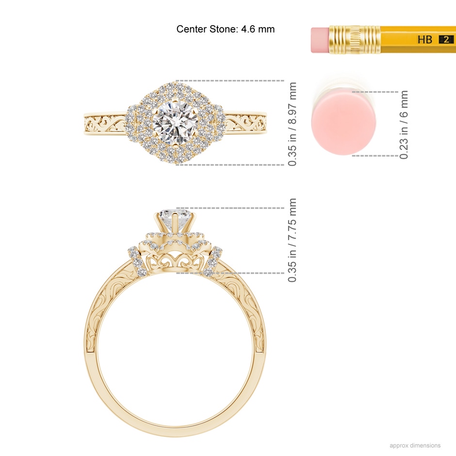 4.6mm IJI1I2 Victorian Carved Double Halo Diamond Collar Engagement Ring in Yellow Gold ruler