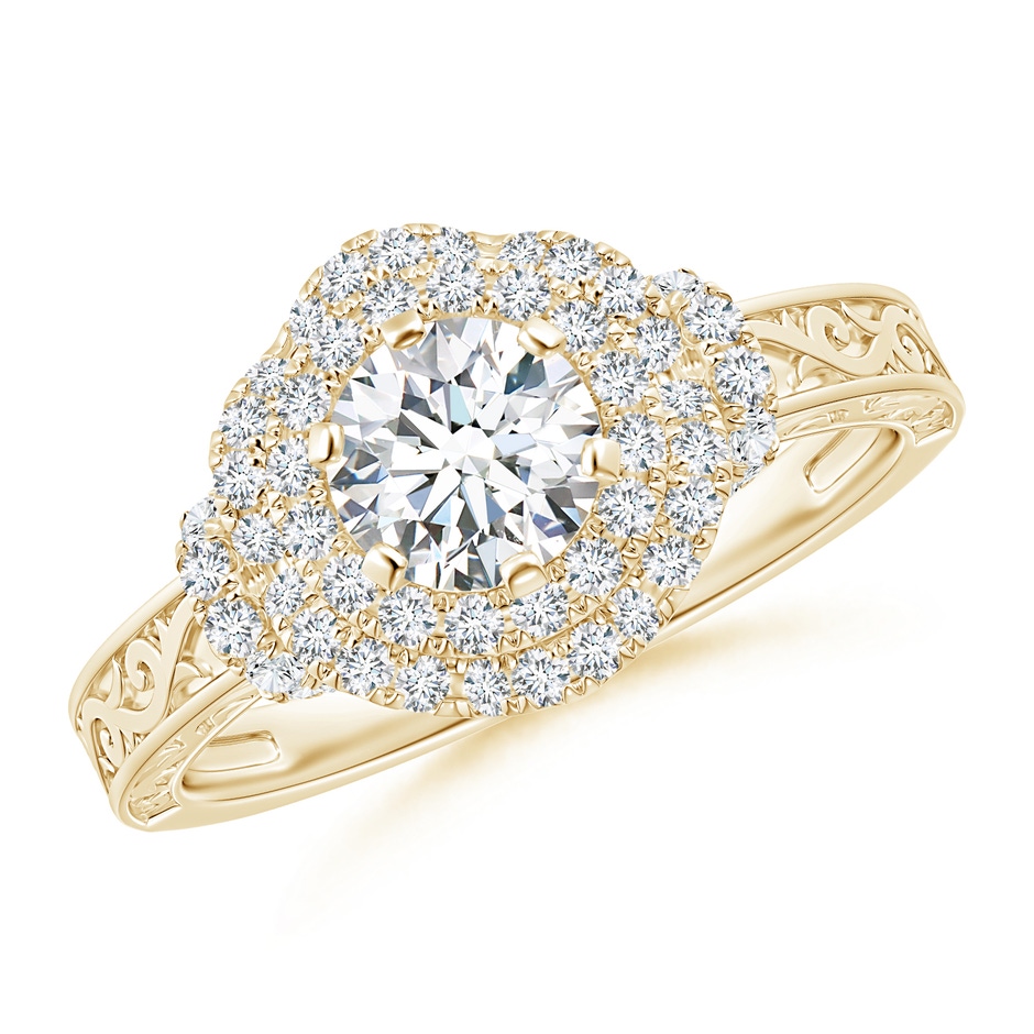 5.5mm GVS2 Victorian Carved Double Halo Diamond Collar Engagement Ring in Yellow Gold 