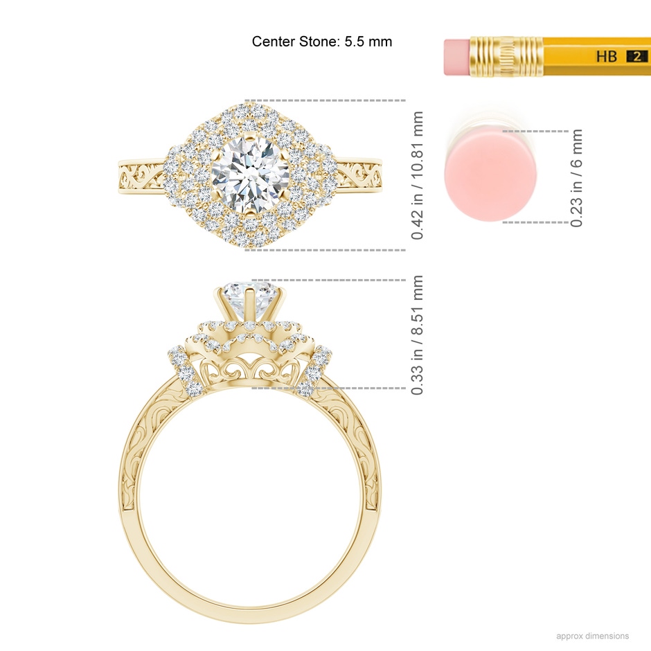 5.5mm GVS2 Victorian Carved Double Halo Diamond Collar Engagement Ring in Yellow Gold ruler