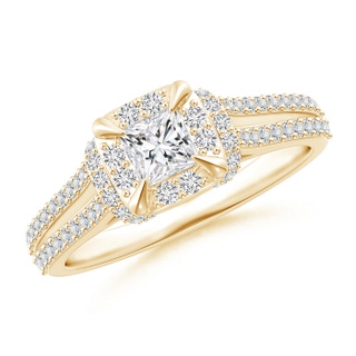 3.8mm HSI2 Claw-Set Diamond Cushion Halo Collar Engagement Ring in Yellow Gold