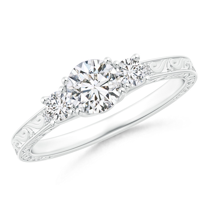 5.2mm HSI2 Vintage Style Diamond Three Stone Trellis Engagement Ring in 18K White Gold 