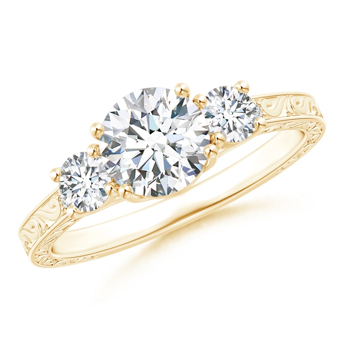 6.4mm GHVS Vintage Style Diamond Three Stone Trellis Engagement Ring in Yellow Gold 