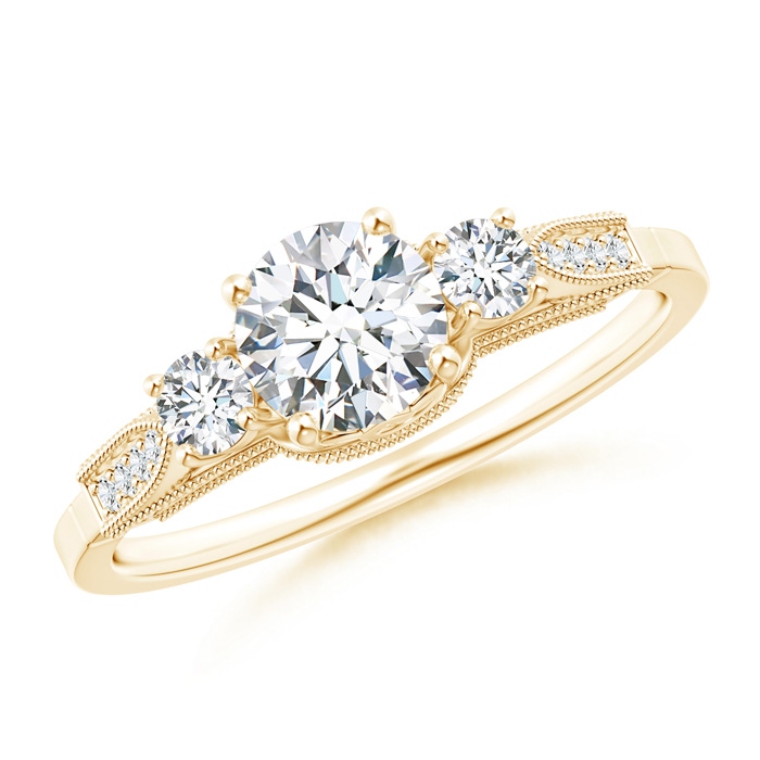 5.6mm GHVS Vintage Inspired Diamond Three Stone Engagement Ring in Yellow Gold
