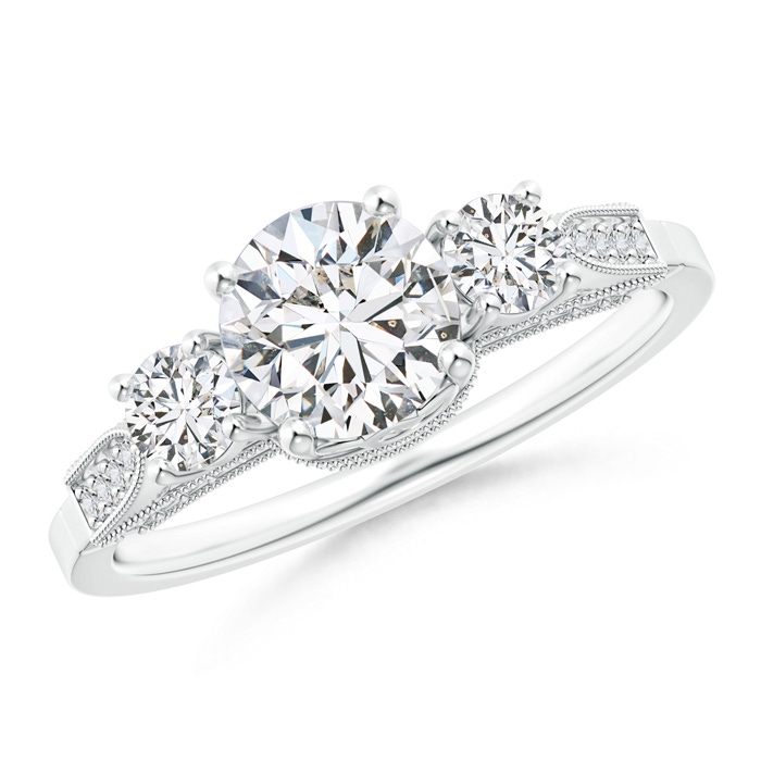 6.3mm HSI2 Vintage Inspired Diamond Three Stone Engagement Ring in White Gold 