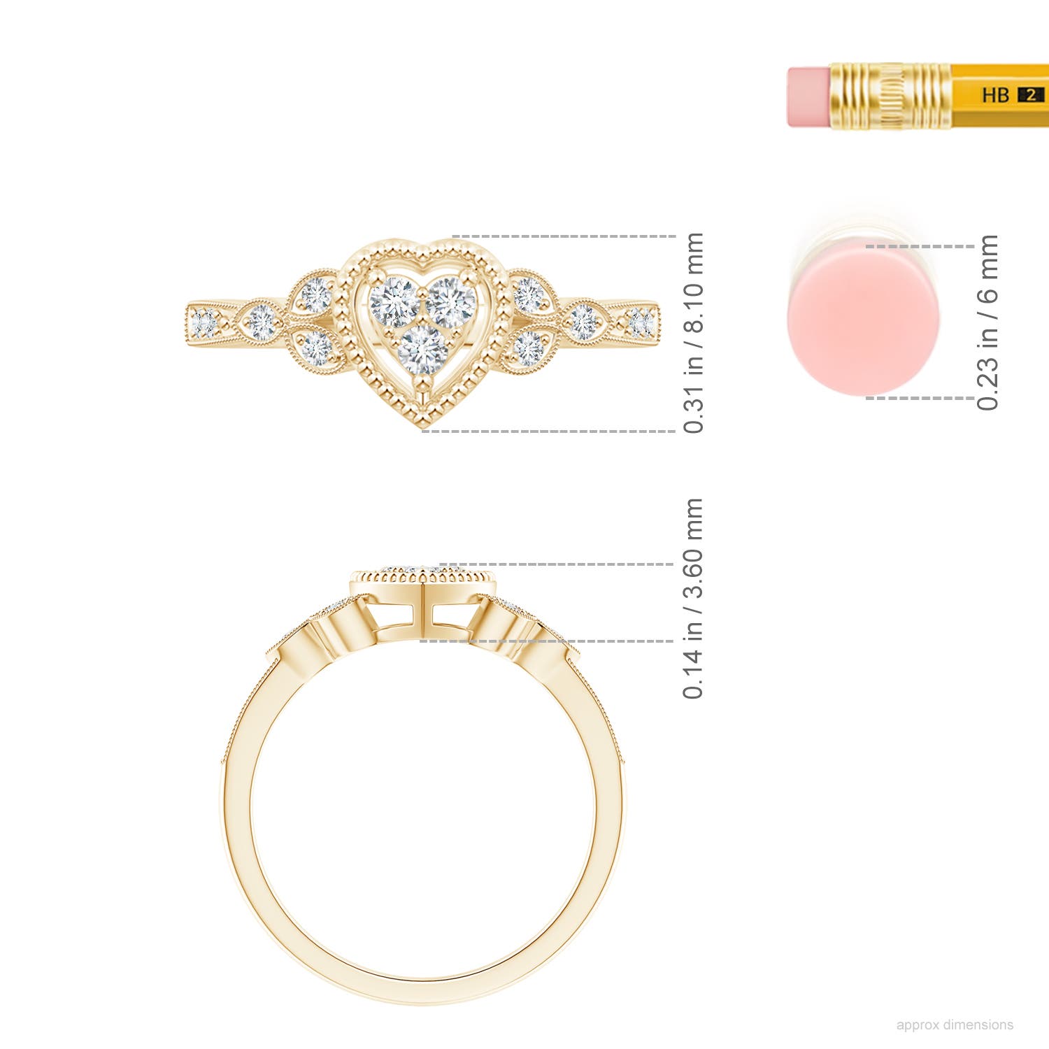 2mm GVS2 Milgrain Petal Diamond Composite Heart Promise Ring in Yellow Gold - ruler