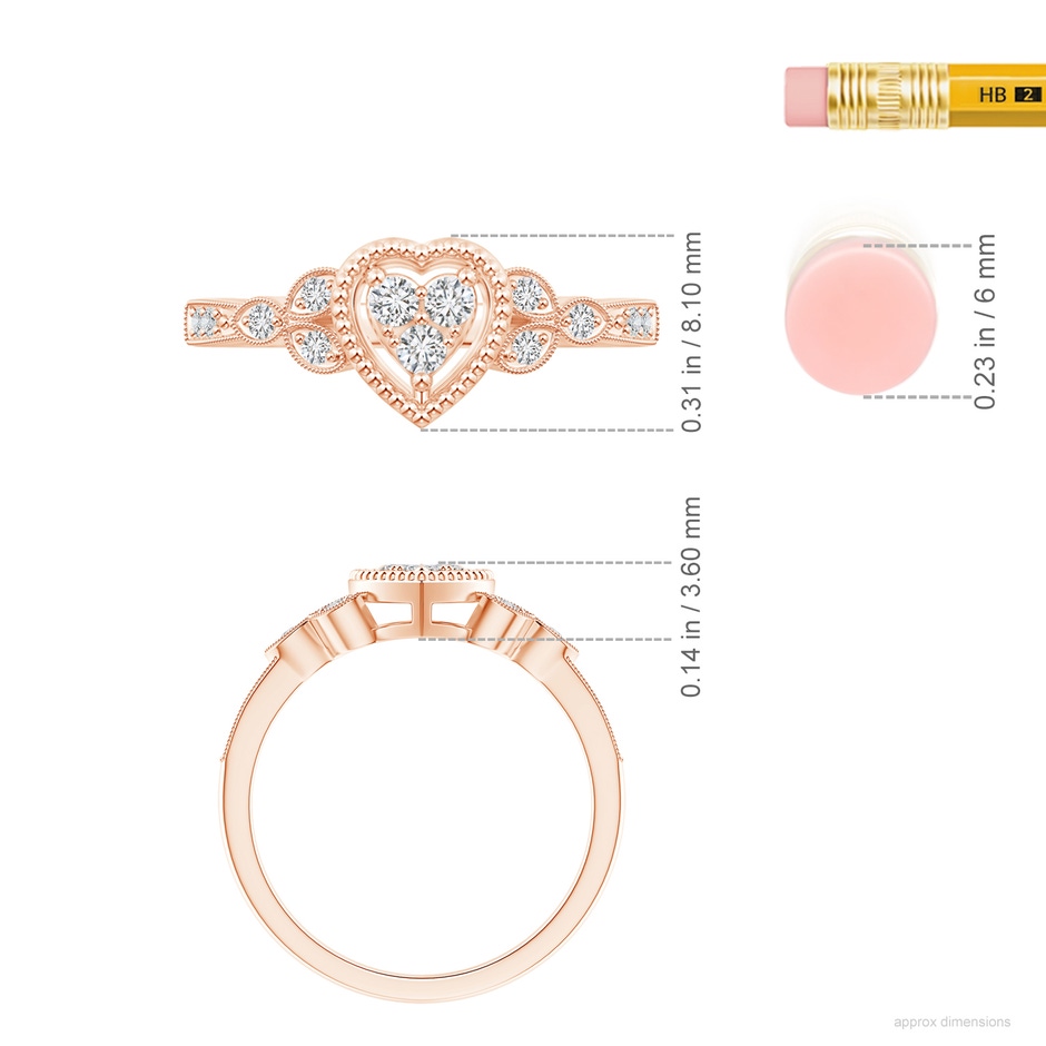 2mm HSI2 Milgrain Petal Diamond Composite Heart Promise Ring in Rose Gold ruler