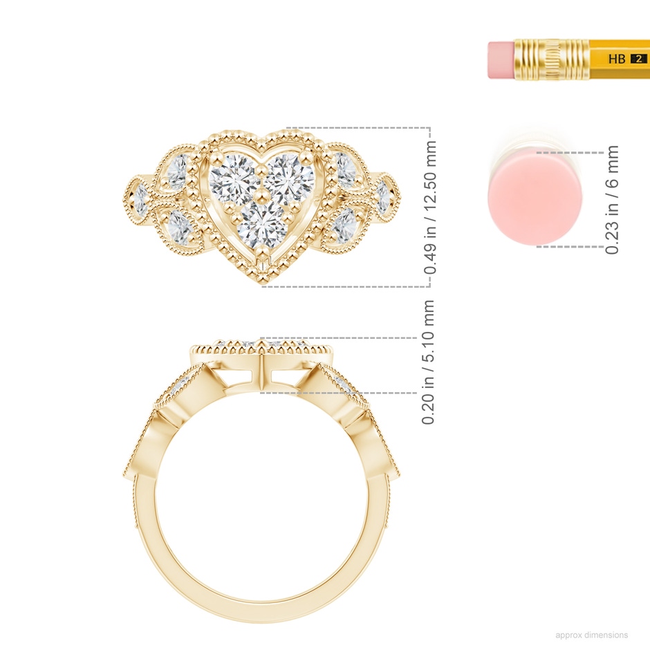 3.9mm HSI2 Milgrain Petal Diamond Composite Heart Promise Ring in Yellow Gold ruler