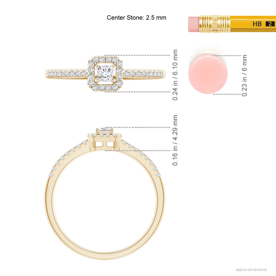 2.5mm GVS2 Floating Princess-Cut Diamond Halo Promise Ring in 10K Yellow Gold ruler