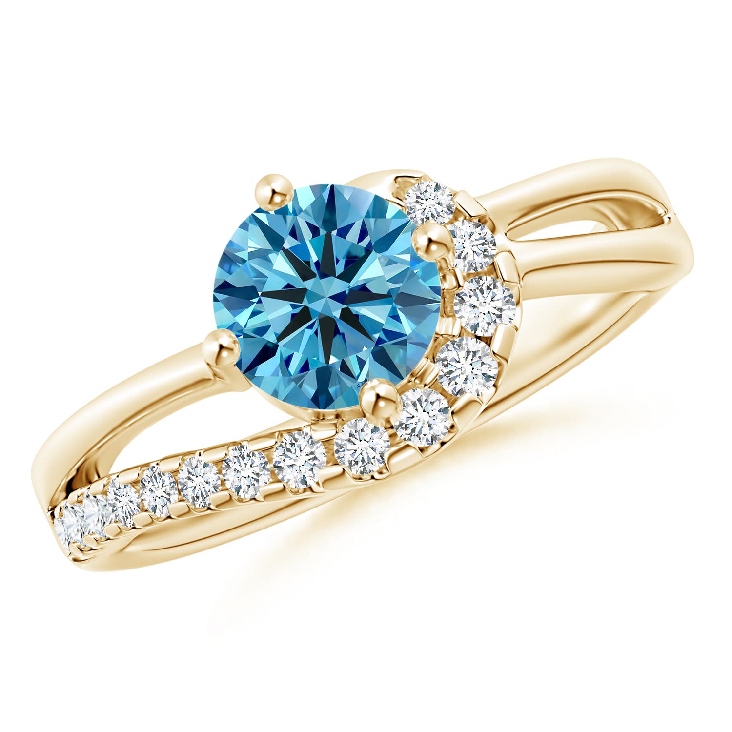 Angara 1.18 CTW Solitaire Round Fancy Intense Blue Diamond Swirl Engagement Ring in 14K Yellow Gold