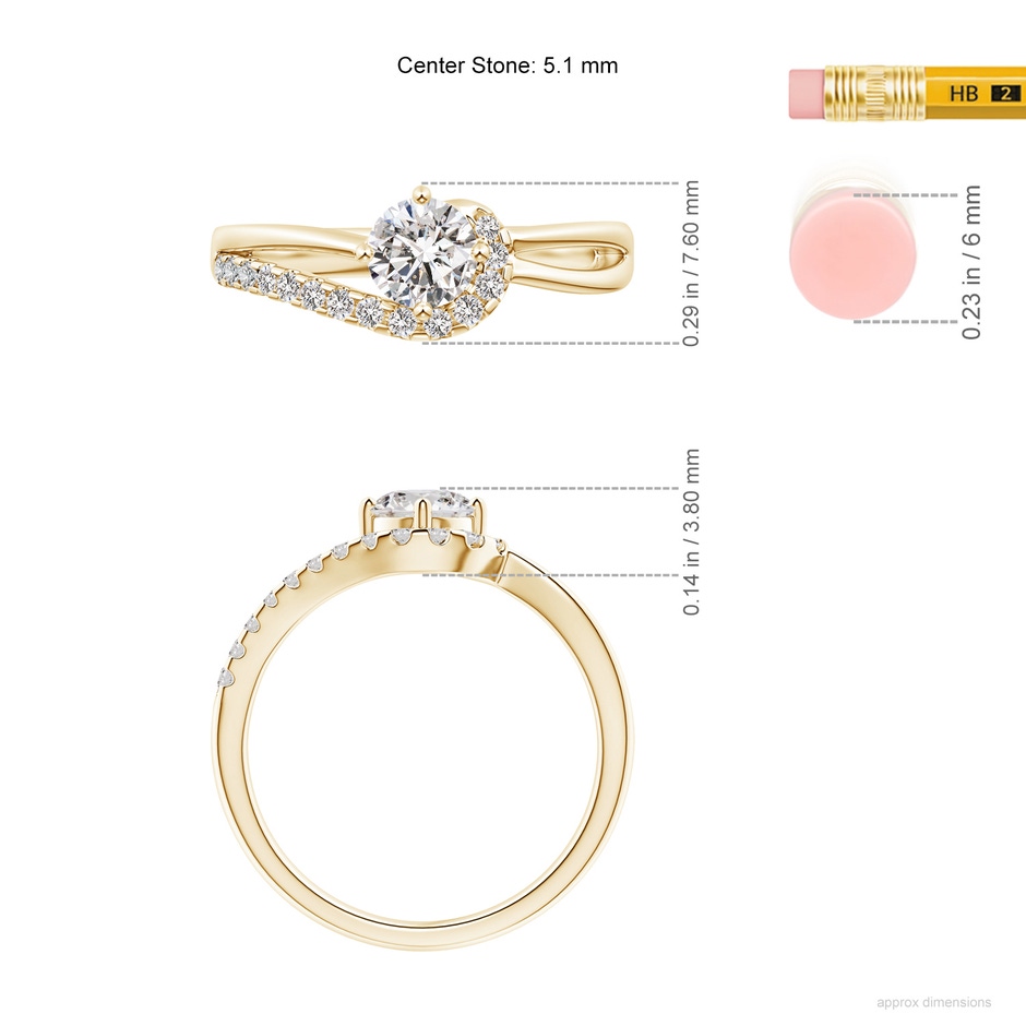 5.1mm IJI1I2 Solitaire Round Diamond Swirl Promise Ring in Yellow Gold ruler