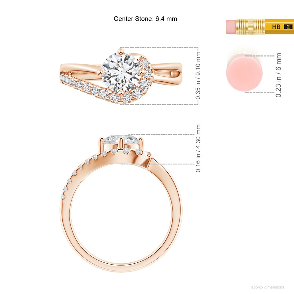 6.4mm HSI2 Solitaire Round Diamond Swirl Promise Ring in 18K Rose Gold ruler
