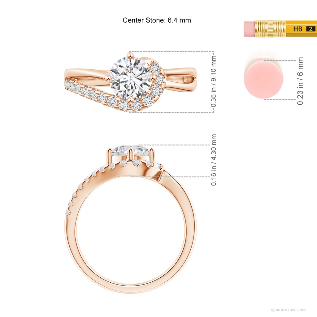 6.4mm HSI2 Solitaire Round Diamond Swirl Promise Ring in Rose Gold ruler