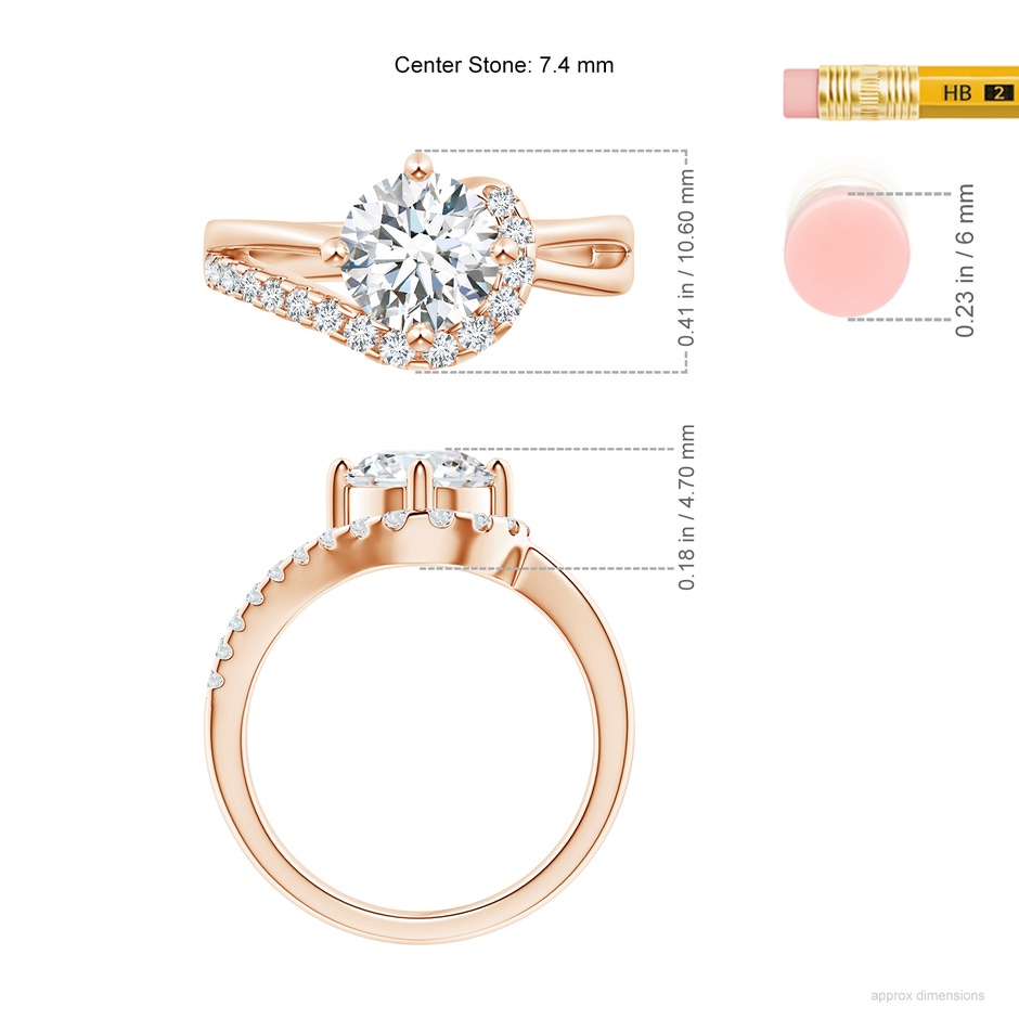 7.4mm GVS2 Solitaire Round Diamond Swirl Promise Ring in Rose Gold ruler