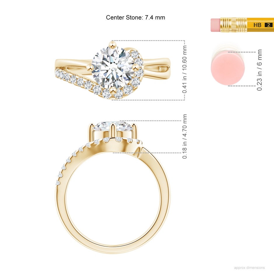 7.4mm GVS2 Solitaire Round Diamond Swirl Promise Ring in Yellow Gold ruler