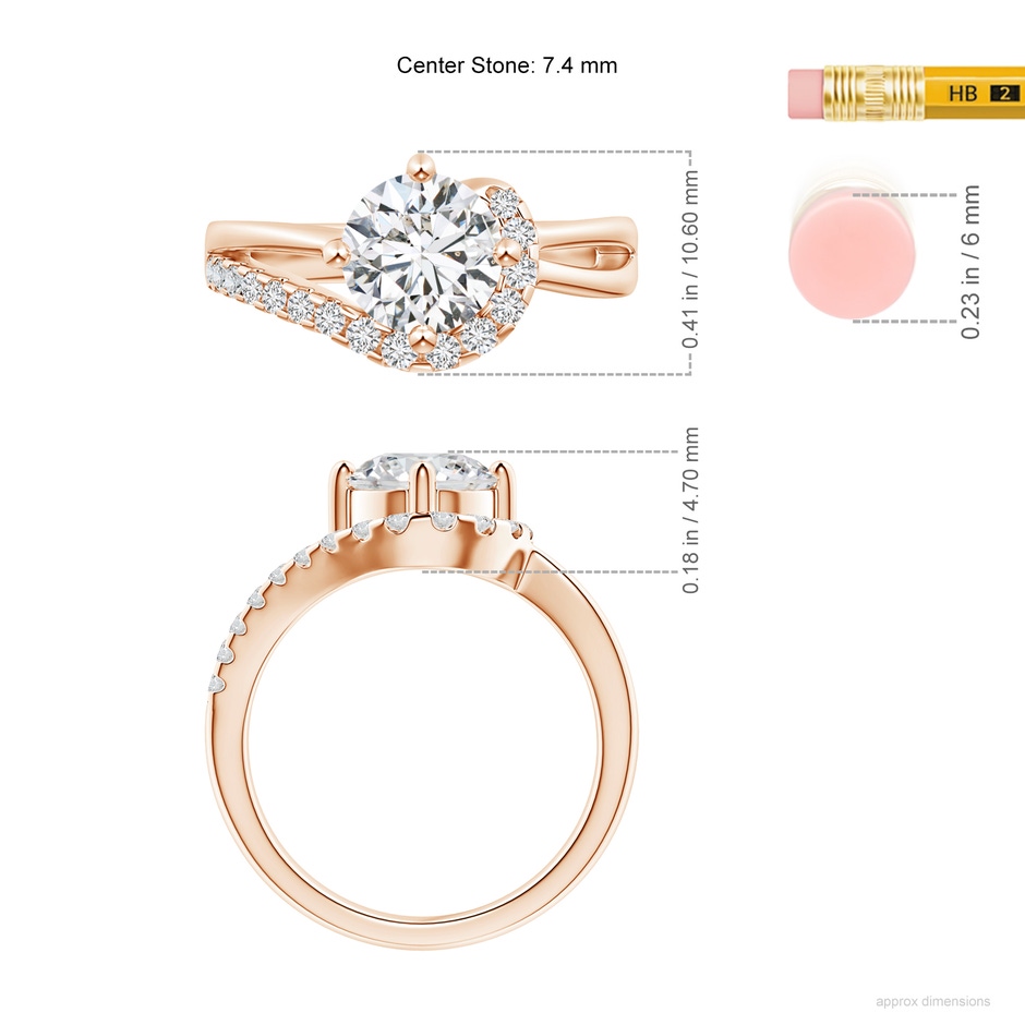 7.4mm HSI2 Solitaire Round Diamond Swirl Promise Ring in 18K Rose Gold ruler