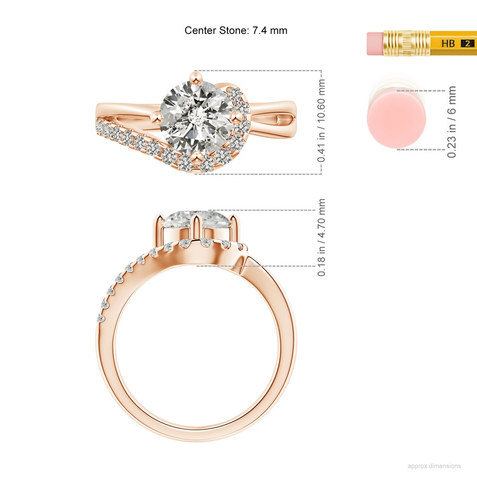 7.4mm KI3 Solitaire Round Diamond Swirl Promise Ring in Rose Gold ruler