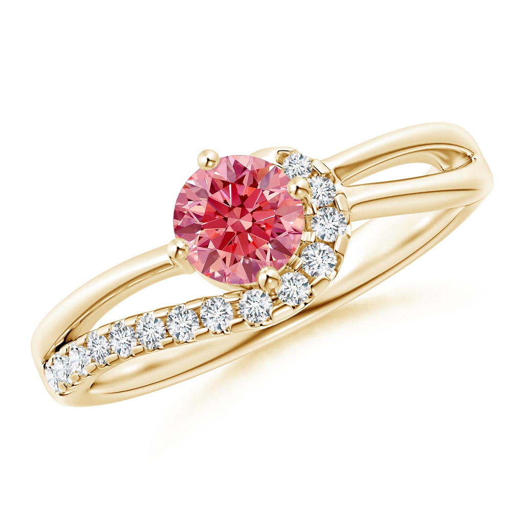 5.1mm AAAA Solitaire Round Fancy Intense Pink Diamond Swirl Promise Ring in Yellow Gold