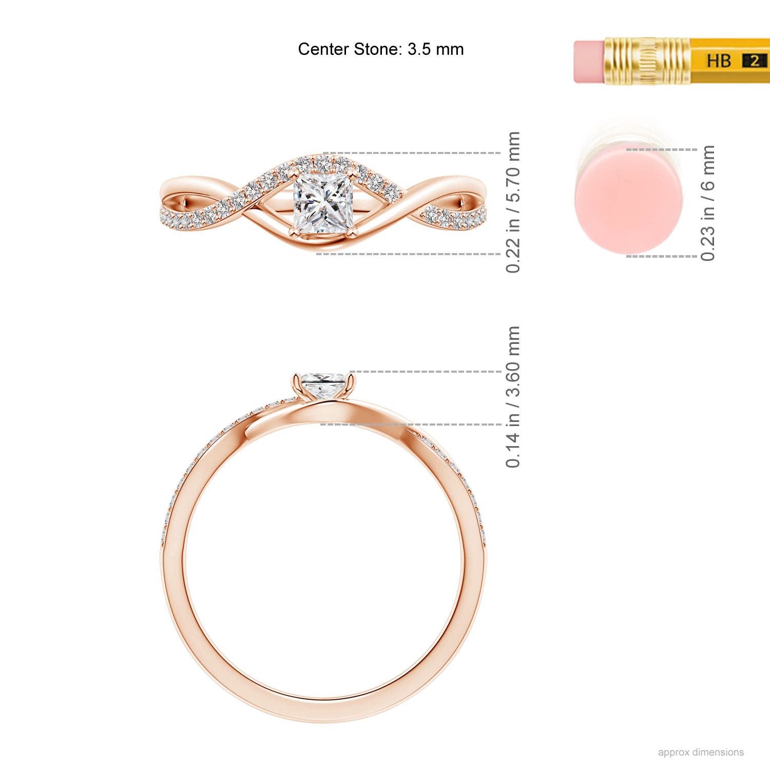 3.5mm IJI1I2 Solitaire Princess-Cut Diamond Infinity Swirl Promise Ring in Rose Gold - ruler