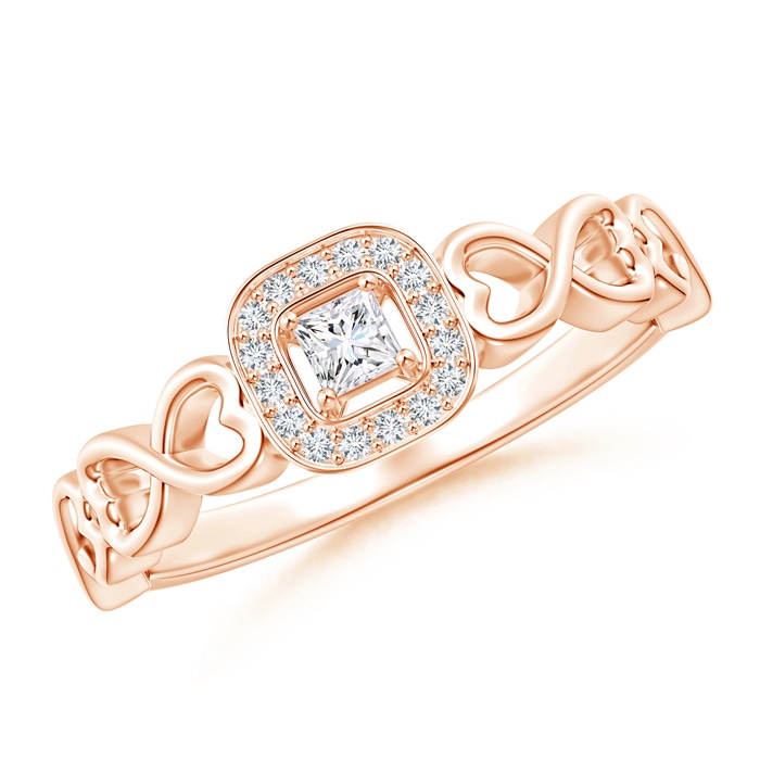 2.5mm GVS2 Princess-Cut Diamond Cushion Halo Promise Ring with Infinity Heart-Motifs in Rose Gold