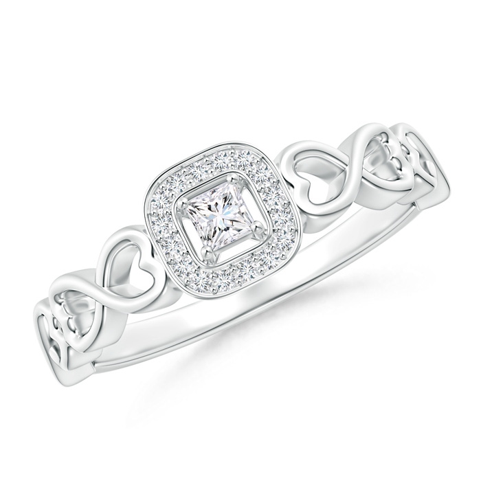 2.5mm GVS2 Princess-Cut Diamond Cushion Halo Promise Ring with Infinity Heart-Motifs in White Gold