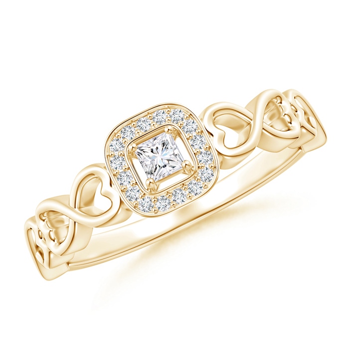 2.5mm GVS2 Princess-Cut Diamond Cushion Halo Promise Ring with Infinity Heart-Motifs in Yellow Gold