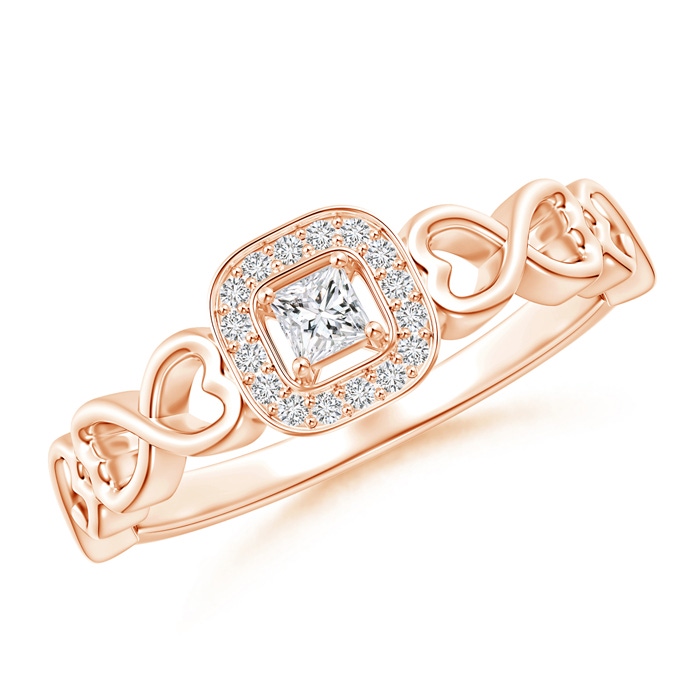 2.5mm HSI2 Princess-Cut Diamond Cushion Halo Promise Ring with Infinity Heart-Motifs in Rose Gold 