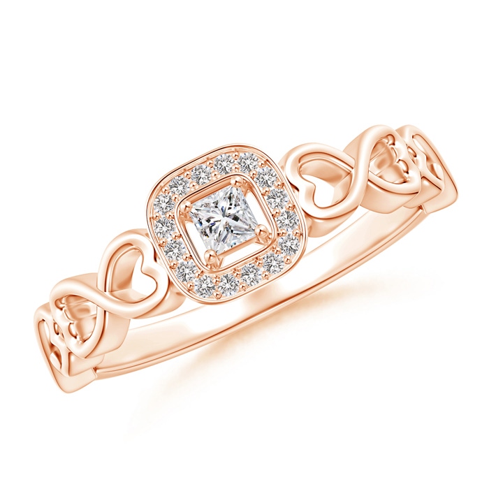 2.5mm IJI1I2 Princess-Cut Diamond Cushion Halo Promise Ring with Infinity Heart-Motifs in Rose Gold 