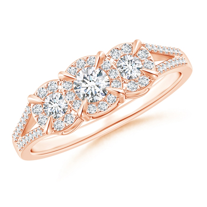 3.5mm GVS2 Claw-Set Diamond Halo Three Stone Engagement Ring in Rose Gold