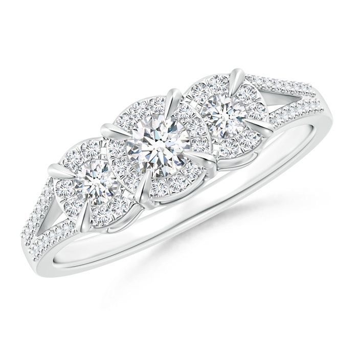 3.5mm GVS2 Claw-Set Diamond Halo Three Stone Engagement Ring in White Gold 
