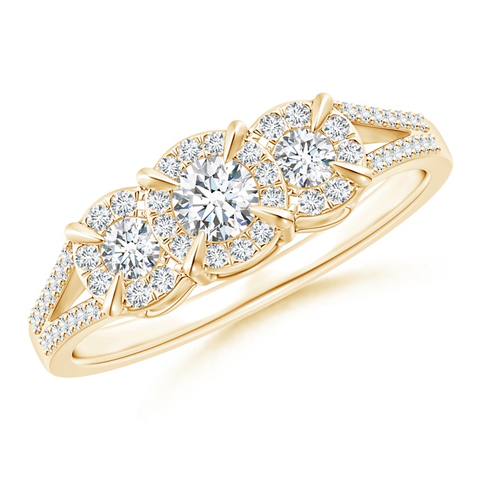 3.5mm GVS2 Claw-Set Diamond Halo Three Stone Engagement Ring in Yellow Gold
