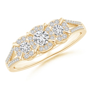 3.5mm HSI2 Claw-Set Diamond Halo Three Stone Engagement Ring in 9K Yellow Gold