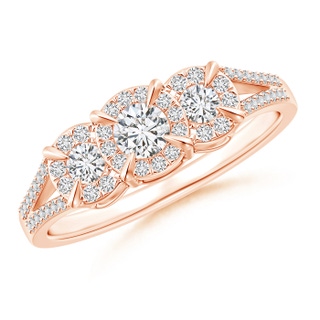 3.5mm HSI2 Claw-Set Diamond Halo Three Stone Engagement Ring in Rose Gold