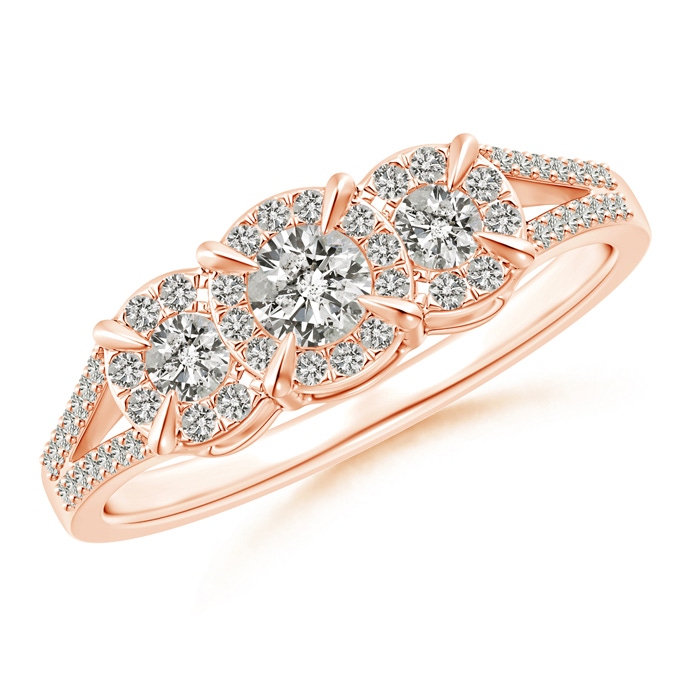 3.5mm KI3 Claw-Set Diamond Halo Three Stone Engagement Ring in Rose Gold 