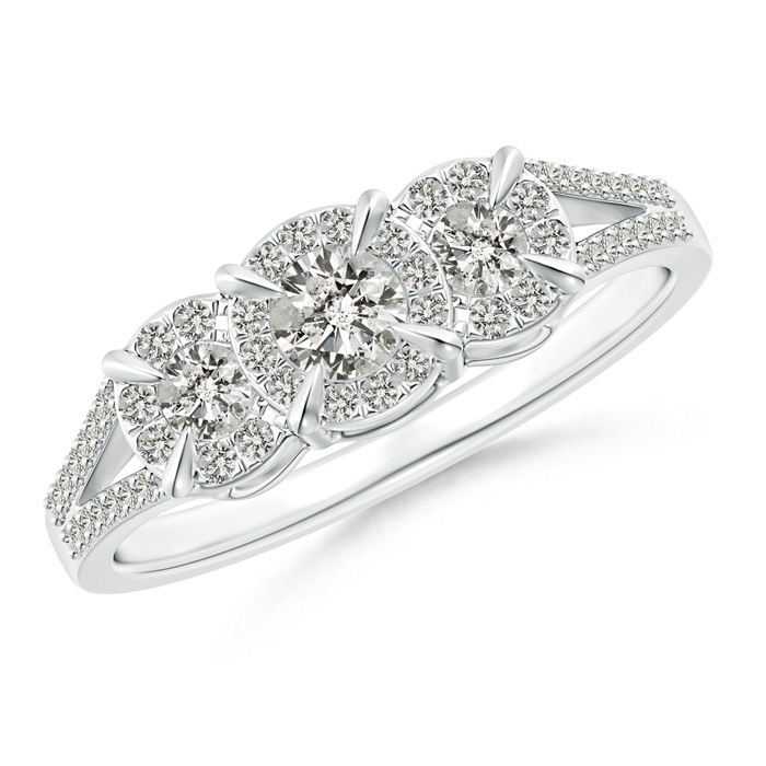 3.5mm KI3 Claw-Set Diamond Halo Three Stone Engagement Ring in White Gold 