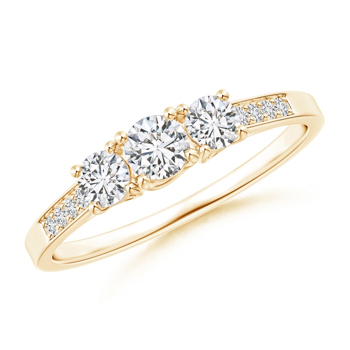 3.7mm HSI2 Round Diamond Trellis Three Stone Engagement Ring in Yellow Gold 