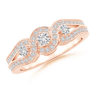 3mm HSI2 Three Stone Diamond Criss Cross Halo Engagement Ring in Rose Gold