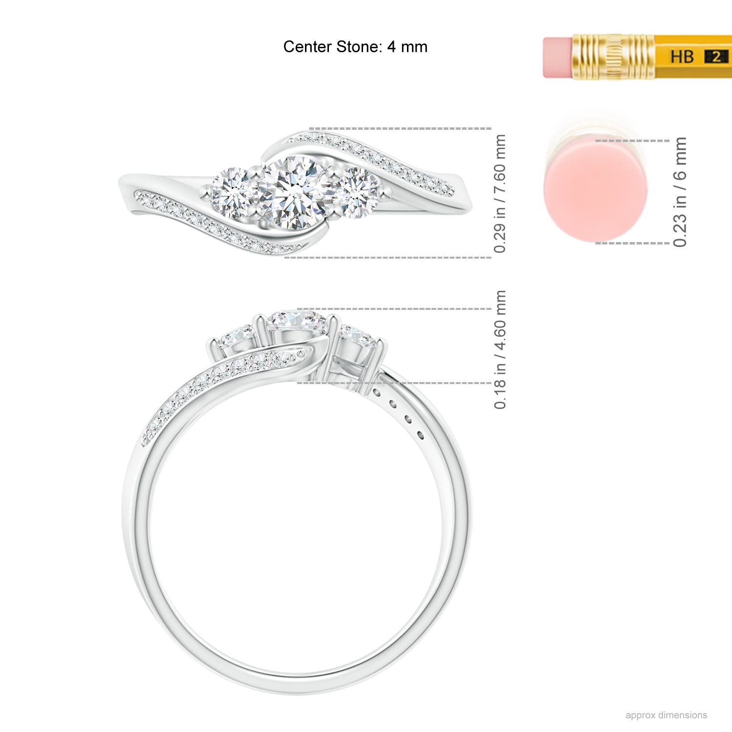 4mm GVS2 Horizontally Set Three Stone Diamond Bypass Ring in P950 Platinum - ruler