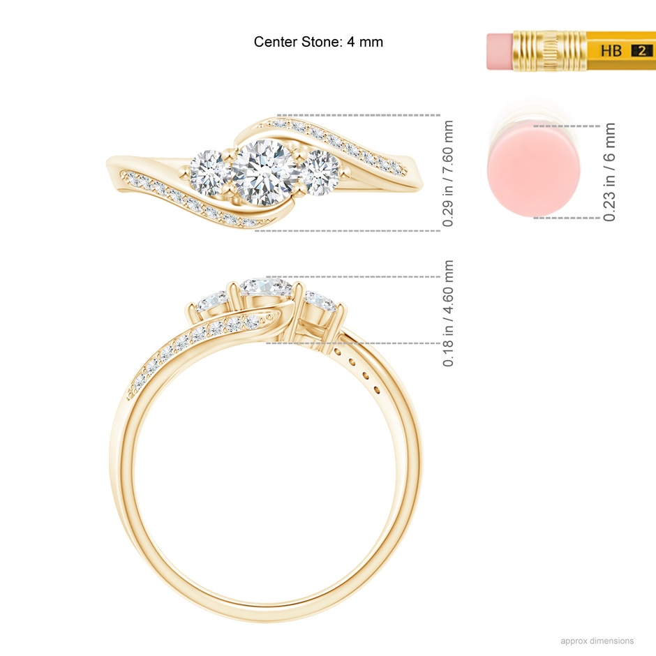 4mm GVS2 Horizontally Set Three Stone Diamond Bypass Ring in Yellow Gold ruler