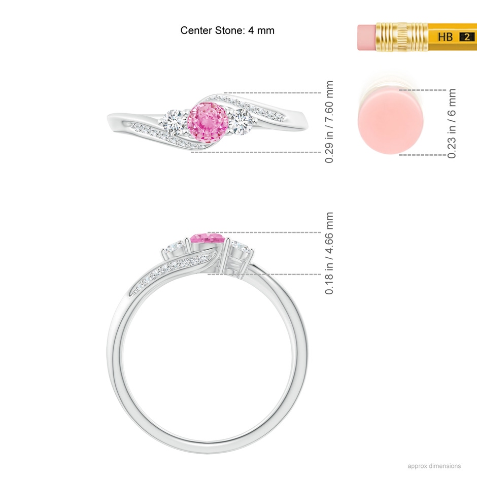 4mm A Pink Sapphire and Diamond Three Stone Bypass Ring in White Gold ruler
