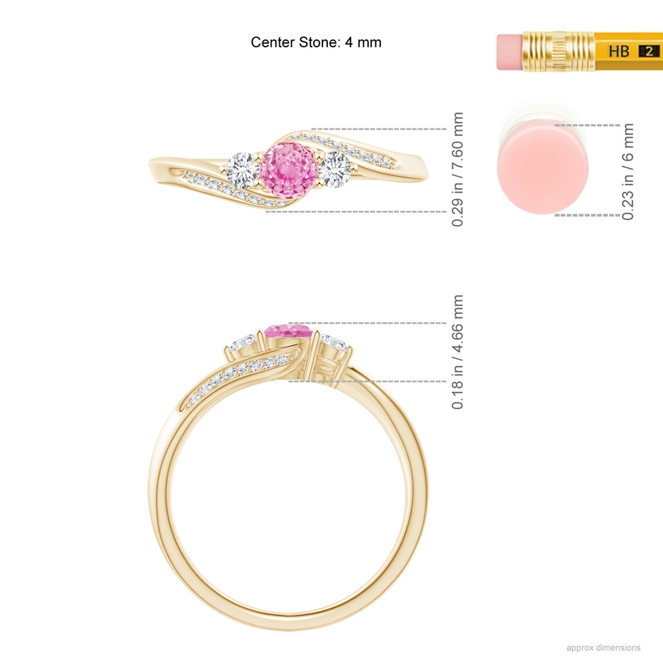 4mm A Pink Sapphire and Diamond Three Stone Bypass Ring in Yellow Gold ruler
