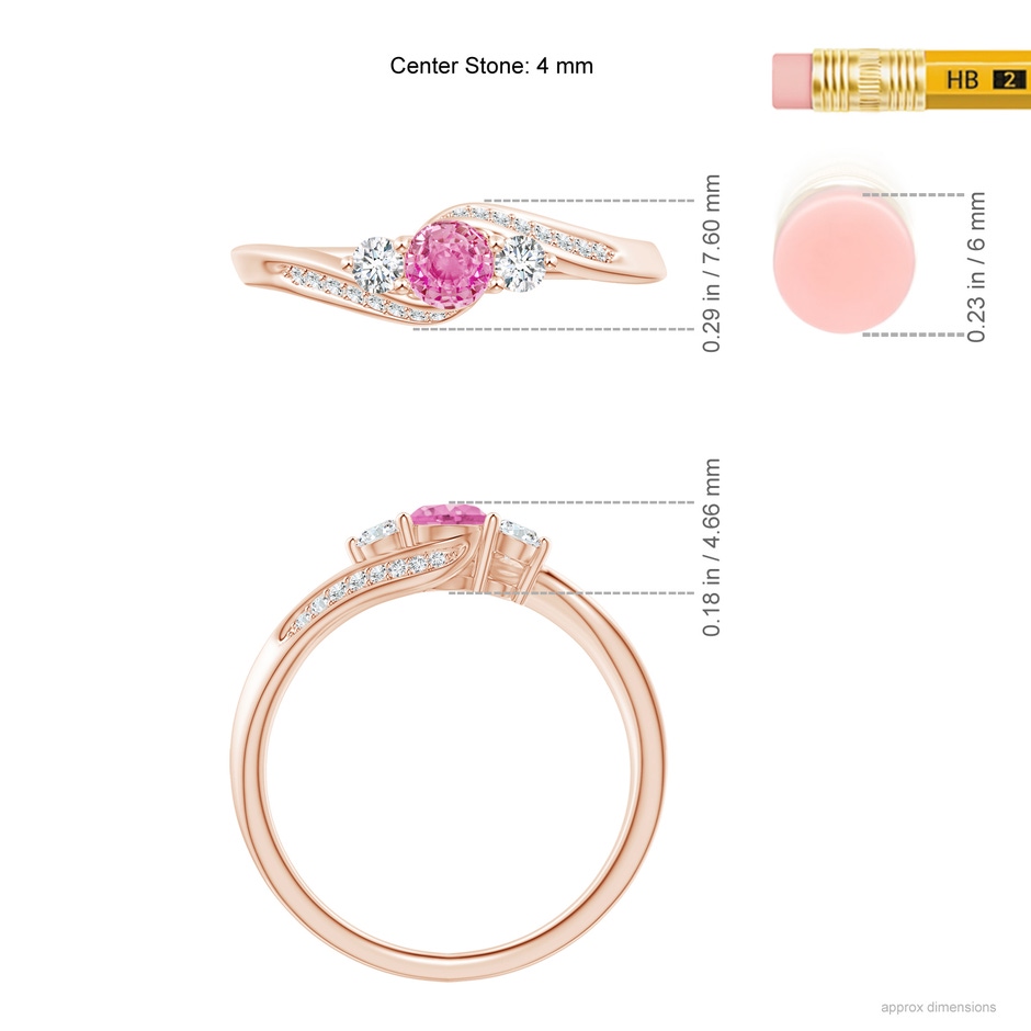 4mm AA Pink Sapphire and Diamond Three Stone Bypass Ring in Rose Gold ruler