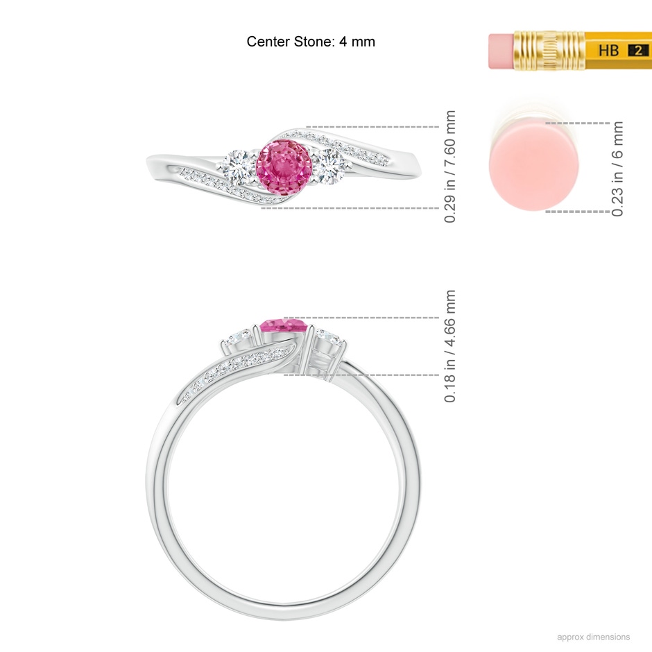 4mm AAA Pink Sapphire and Diamond Three Stone Bypass Ring in White Gold ruler