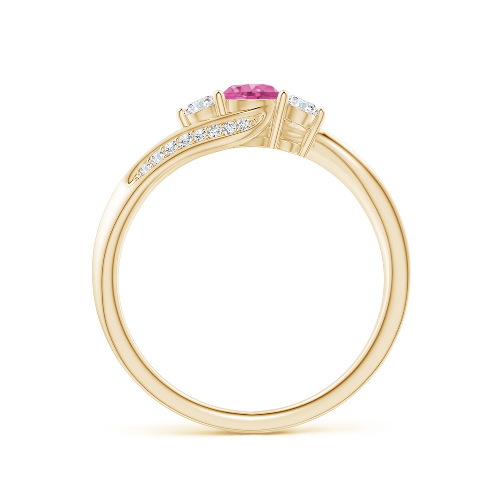 4mm AAA Pink Sapphire and Diamond Three Stone Bypass Ring in Yellow Gold - side 1