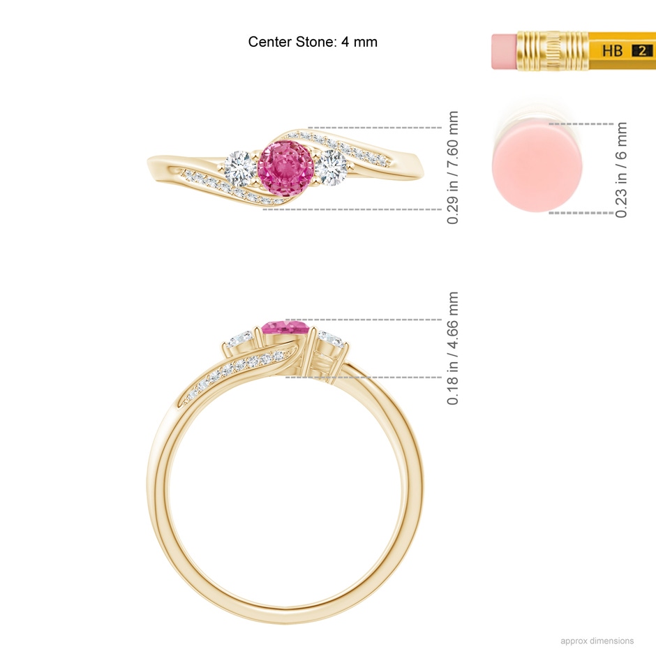 4mm AAA Pink Sapphire and Diamond Three Stone Bypass Ring in Yellow Gold ruler