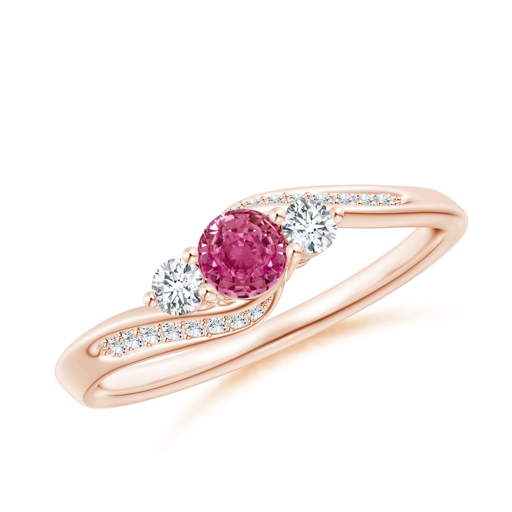 4mm AAAA Pink Sapphire and Diamond Three Stone Bypass Ring in Rose Gold